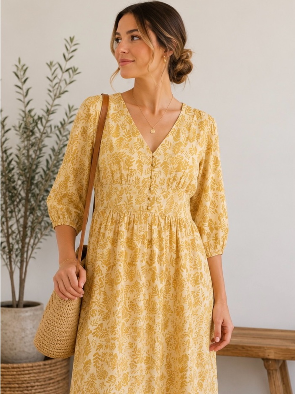 Romantic Cotton Blend Yellow Floral Leaf Print Maxi Dress Women’s Small Modest